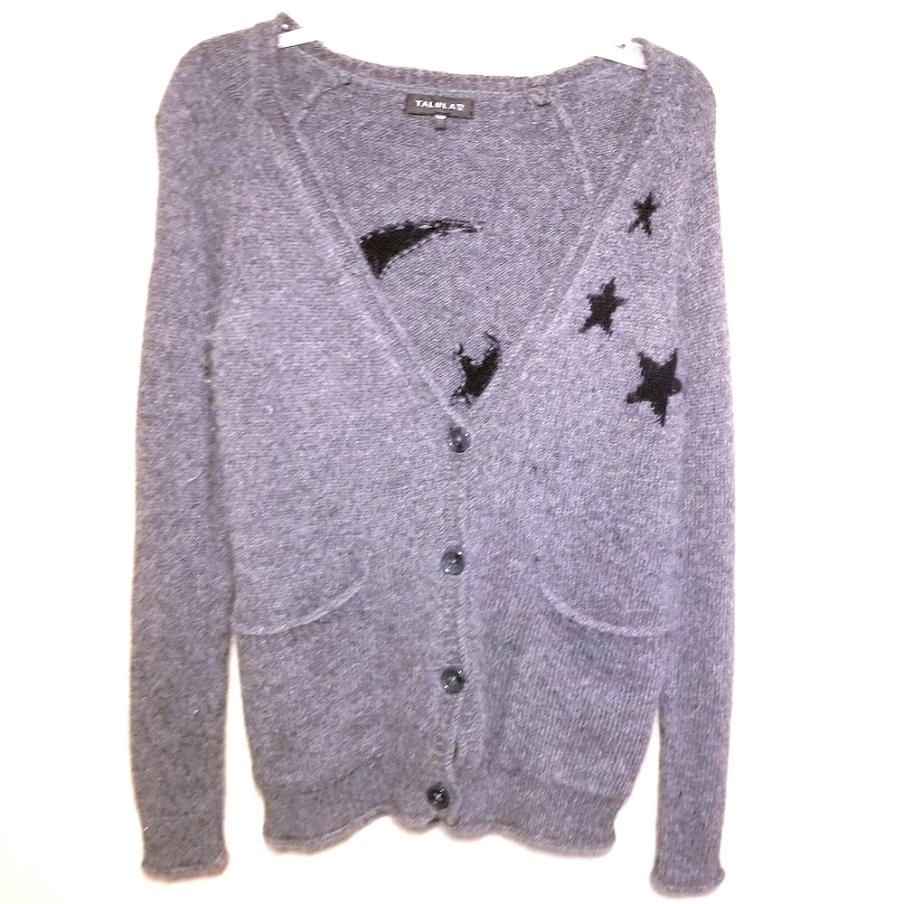 Aritzia Talula dark Gray Cardigan with Black Star and Crescent Patch